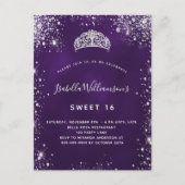 Sweet 16 paarse zilverglitter tiara crown uitnodiging briefkaart (Voorkant)