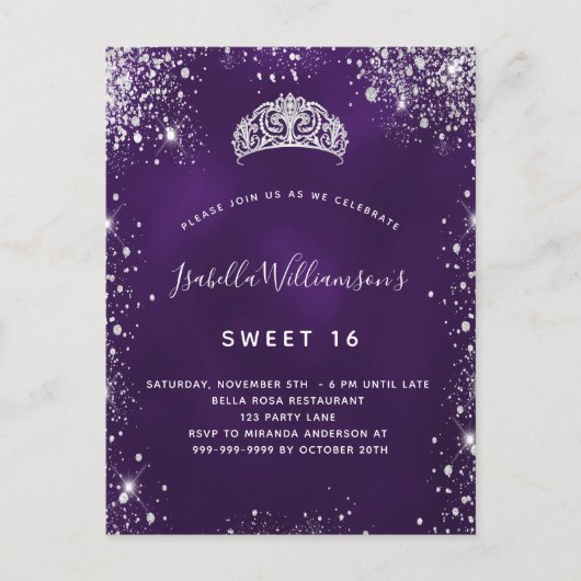 Sweet 16 paarse zilverglitter tiara crown uitnodiging briefkaart (Voorkant)