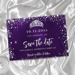 Sweet 16 paarse zilverglitter tiara party save the date