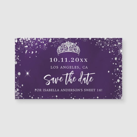 Sweet 16 paarse zilvertiara, behalve de datummagne (Voorkant)