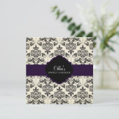 Sweet 16 | Paarse & zwarte Damask Uitnodiging (Staand voorkant)