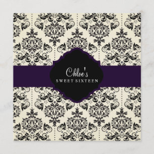 Sweet 16 Paarse & zwarte Damask Uitnodiging