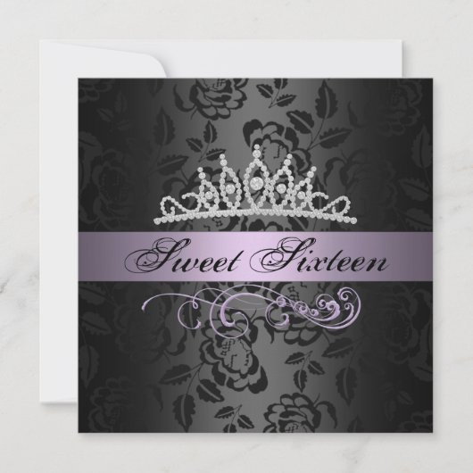 Sweet 16 Paarse/zwarte Tiara Verjaardagsuitnodigin Kaart (Voorkant)