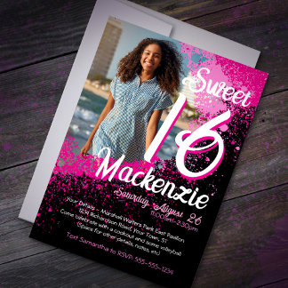 Sweet 16 Paint Splatter Foto Verjaardag Uitnodigin Kaart