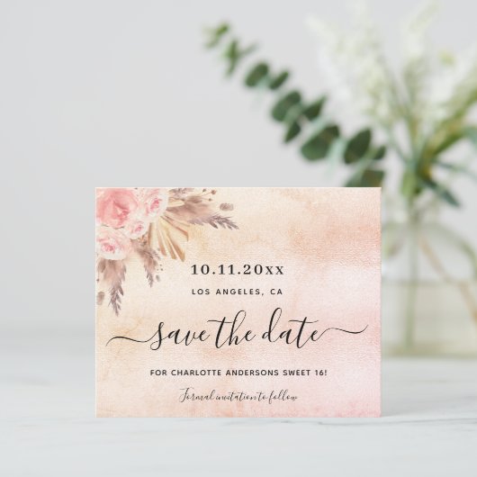 Sweet 16 pampas blush save the date card (Staand voorkant)