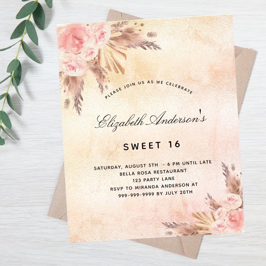 Sweet 16 pampas gras roze budget uitnodiging flyer