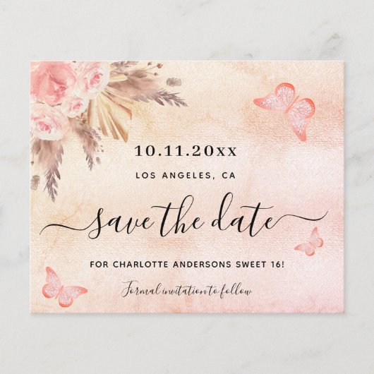 Sweet 16 pampas roze budget save-the-date flyer (Voorkant)