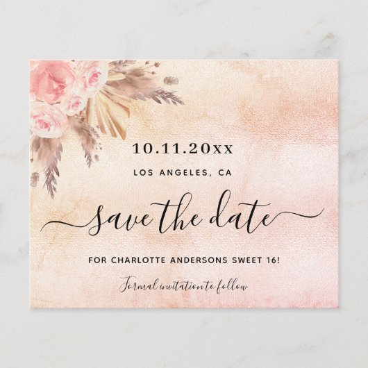 Sweet 16 pampas roze budget save-the-date flyer (Voorkant)