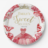Sweet 16 papieren Borden vlinder rode jurk bloemig Papieren Bordje (Voorkant)