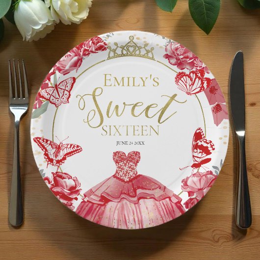 Sweet 16 papieren Borden vlinder rode jurk bloemig Papieren Bordje