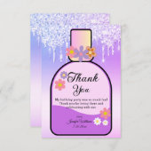 Sweet 16 parfumfles paarse druppelende glitters bedankkaart (Voorkant / Achterkant)