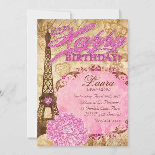 Sweet 16 Paris Eiffel Tower  Flower Pink Kaart (Voorkant)