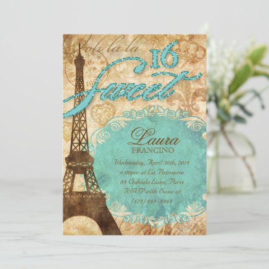 Sweet 16 Paris nodigt Eiffeltoren  Blue Te uit Kaart (Staand voorkant)