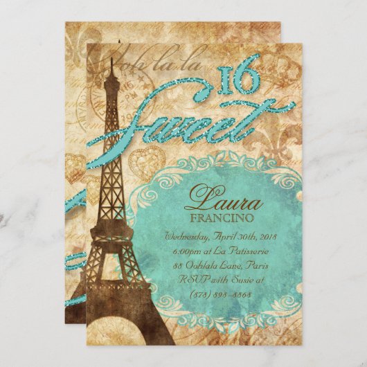 Sweet 16 Paris nodigt Eiffeltoren  Blue Te uit Kaart (Voorkant / Achterkant)