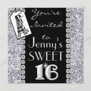 SWEET 16 Paris Theme Bling Party Invitation Kaart