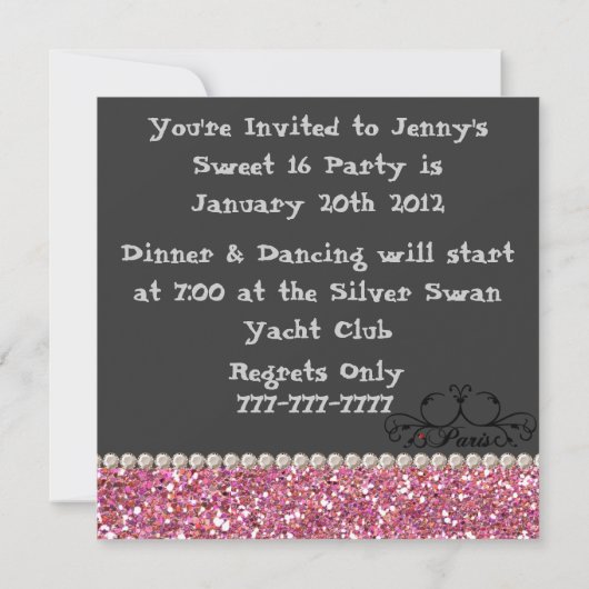 SWEET 16 Paris THEME Party Invitation with BLING! Kaart (Achterkant)