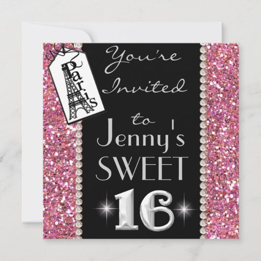 SWEET 16 Paris THEME Party Invitation with BLING! Kaart (Voorkant)
