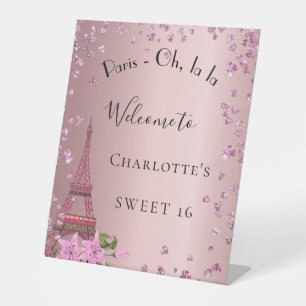 Sweet 16 Paris zielig roze eiffeltoren welkom Reclamebord Met Voetstuk