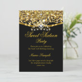 Sweet 16-partij Glitter Gold Black Uitnodiging (Staand voorkant)