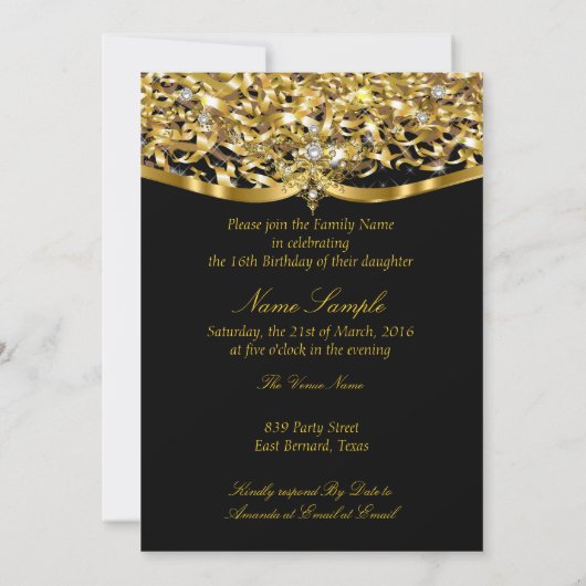 Sweet 16-partij Glitter Gold Black Uitnodiging (Achterkant)