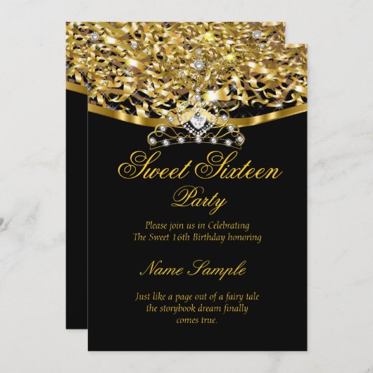 Sweet 16-partij Glitter Gold Black Uitnodiging (Voorkant / Achterkant)