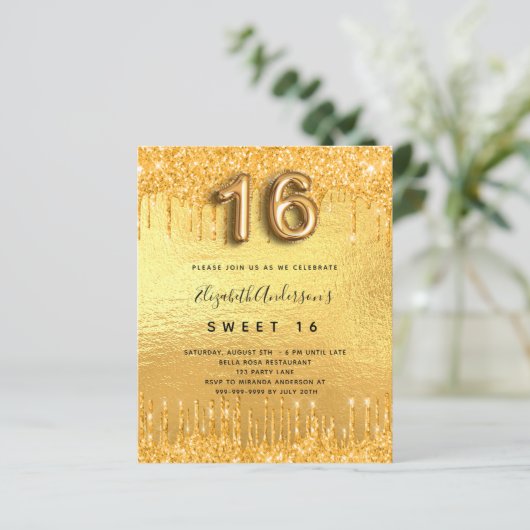 Sweet 16 partij goud glitter drip uitnodiging (Staand voorkant)