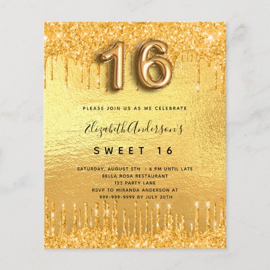 Sweet 16 partij goud glitter drip uitnodiging (Voorkant)