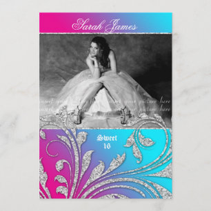 Sweet 16-partij nodigt glitter Leaves Pink Blue ui Kaart