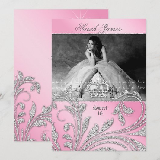 Sweet 16-partij nodigt glitter Leaves Pink Crown u Kaart (Voorkant / Achterkant)