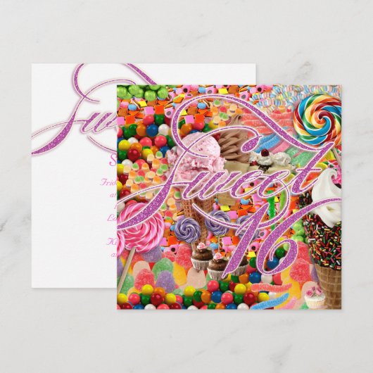 Sweet 16 Partij nodigt Snoep Roze glitter uit Kaart (Voorkant / Achterkant)