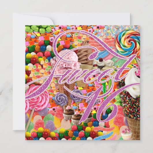 Sweet 16 Partij nodigt Snoep Roze glitter uit Kaart (Voorkant)