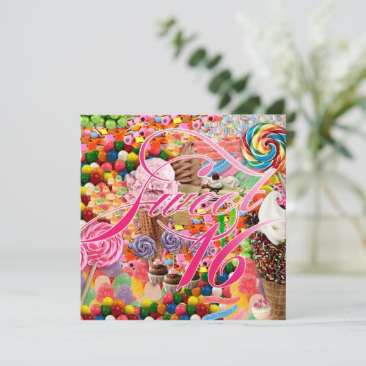 Sweet 16 Partij nodigt Snoep roze uit Kaart (Staand voorkant)