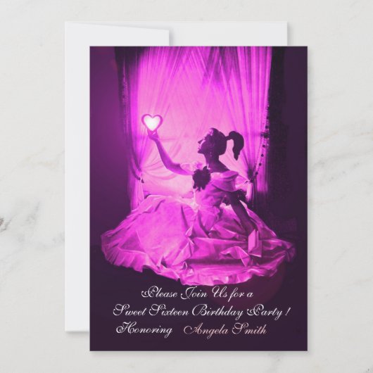SWEET 16 PARTIJ, VIOLET FUCHSIA BLACK DAMASK KAART (Voorkant)