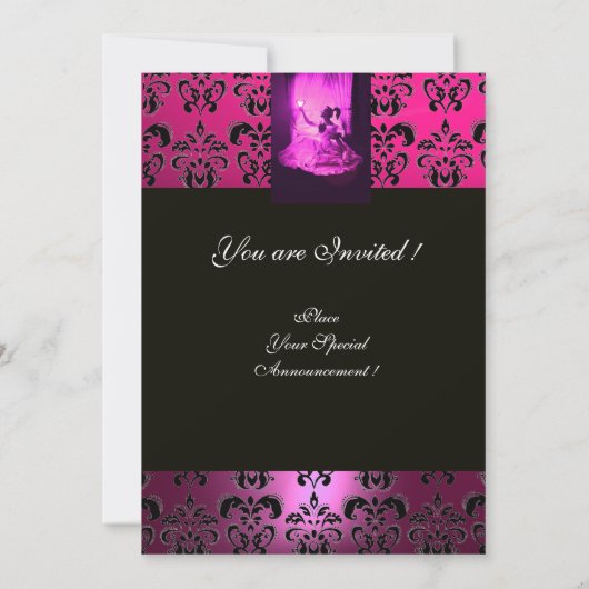 SWEET 16 PARTIJ, VIOLET FUCHSIA BLACK DAMASK KAART (Achterkant)