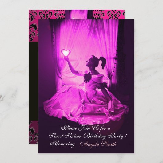 SWEET 16 PARTIJ, VIOLET FUCHSIA BLACK DAMASK KAART (Voorkant / Achterkant)