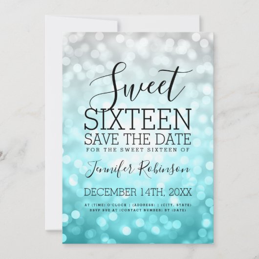 Sweet 16-partijenzilver Blauwgroen glitterlichten Save The Date (Voorkant)