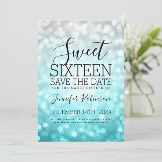 Sweet 16-partijenzilver Blauwgroen glitterlichten Save The Date (Staand voorkant)