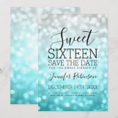 Sweet 16-partijenzilver Blauwgroen glitterlichten Save The Date (Voorkant / Achterkant)