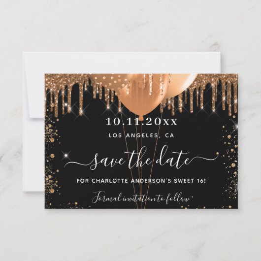 Sweet 16-partijenzwarte goudballonnen save the date (Voorkant)
