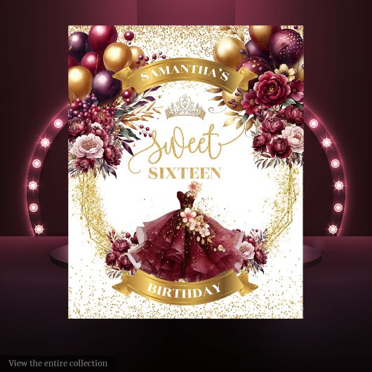 Sweet 16 Party Achtergrond Bourgondische jurk Glit Wandkleed