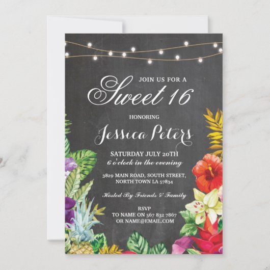 Sweet 16 Party Aloha Tropical Lights Invite Kaart (Voorkant)