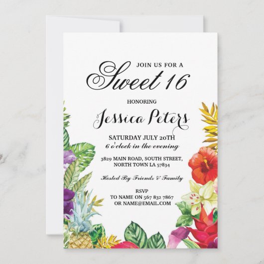 Sweet 16 Party Aloha Tropical Luau Tiki Invite Kaart (Voorkant)