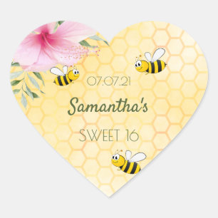 Sweet 16 party Bee Happy hommels honingraat Hart Sticker