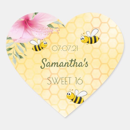 Sweet 16 party Bee Happy hommels honingraat Hart Sticker (Voorkant)