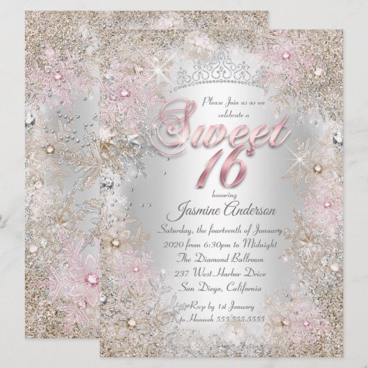 Sweet 16 Party Beige roze Silver Winter Wonderland Kaart (Voorkant / Achterkant)