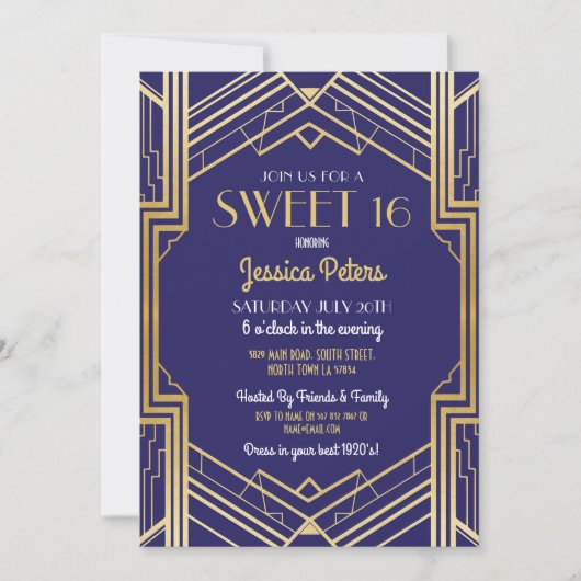 Sweet 16 Party Birthday Gatsby Art Deco Invite Kaart (Voorkant)