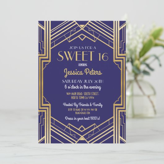 Sweet 16 Party Birthday Gatsby Art Deco Invite Kaart (Staand voorkant)