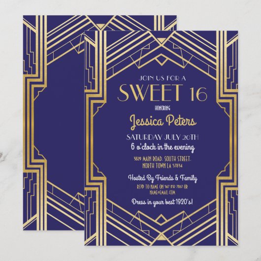 Sweet 16 Party Birthday Gatsby Art Deco Invite Kaart (Voorkant / Achterkant)