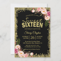 Sweet 16 Party - Black Gold Glitters Pink Floral