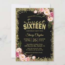 Sweet 16 Party - Black Gold Glitters Pink Floral Kaart